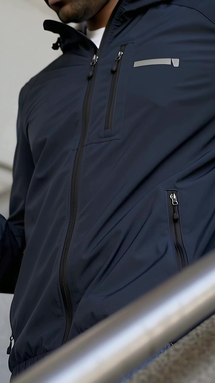 Vertical video: Descending male checking smartphone at steps, holding handrail, wearing jacket
