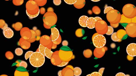 oranges and slices falling against black backdrop