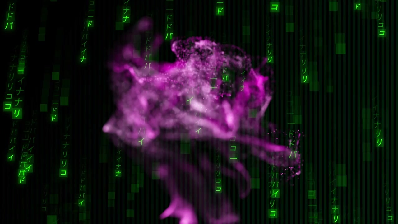 Sparks starting inflating, magenta plume rising, expanding, dispersing, revealing green glyphs