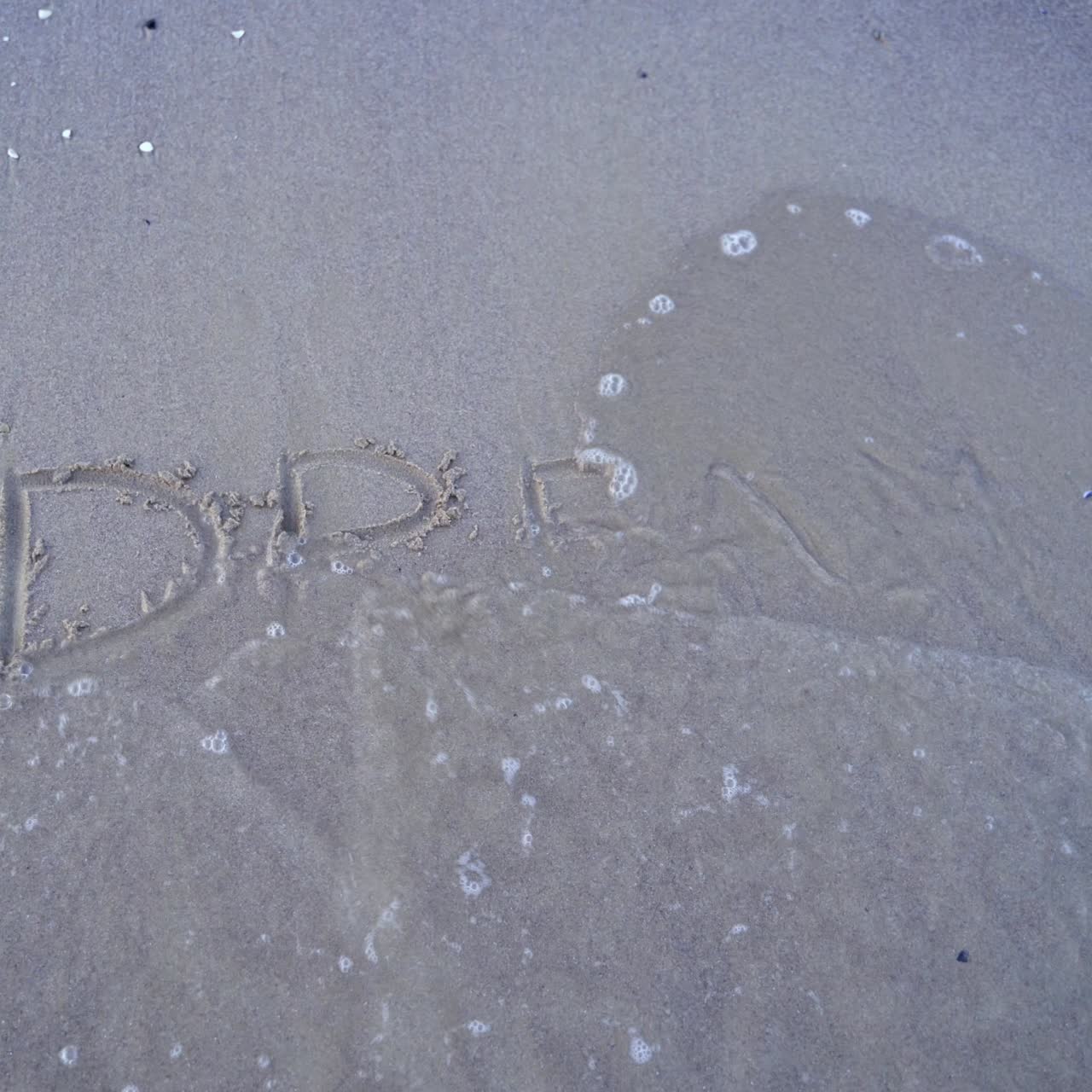 Back view of a female on the shore.Woman writing the word dream on a sandy beach near the sea. Water waves washing off the written word. Top view.