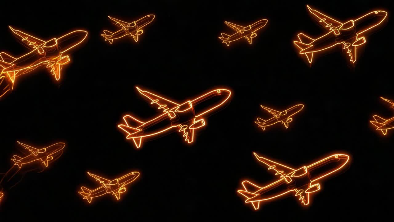 Seamless loop of multiple orange neon light airplanes flying upwards in a pattern against a solid black background, representing air travel, transportation, and tourism concepts