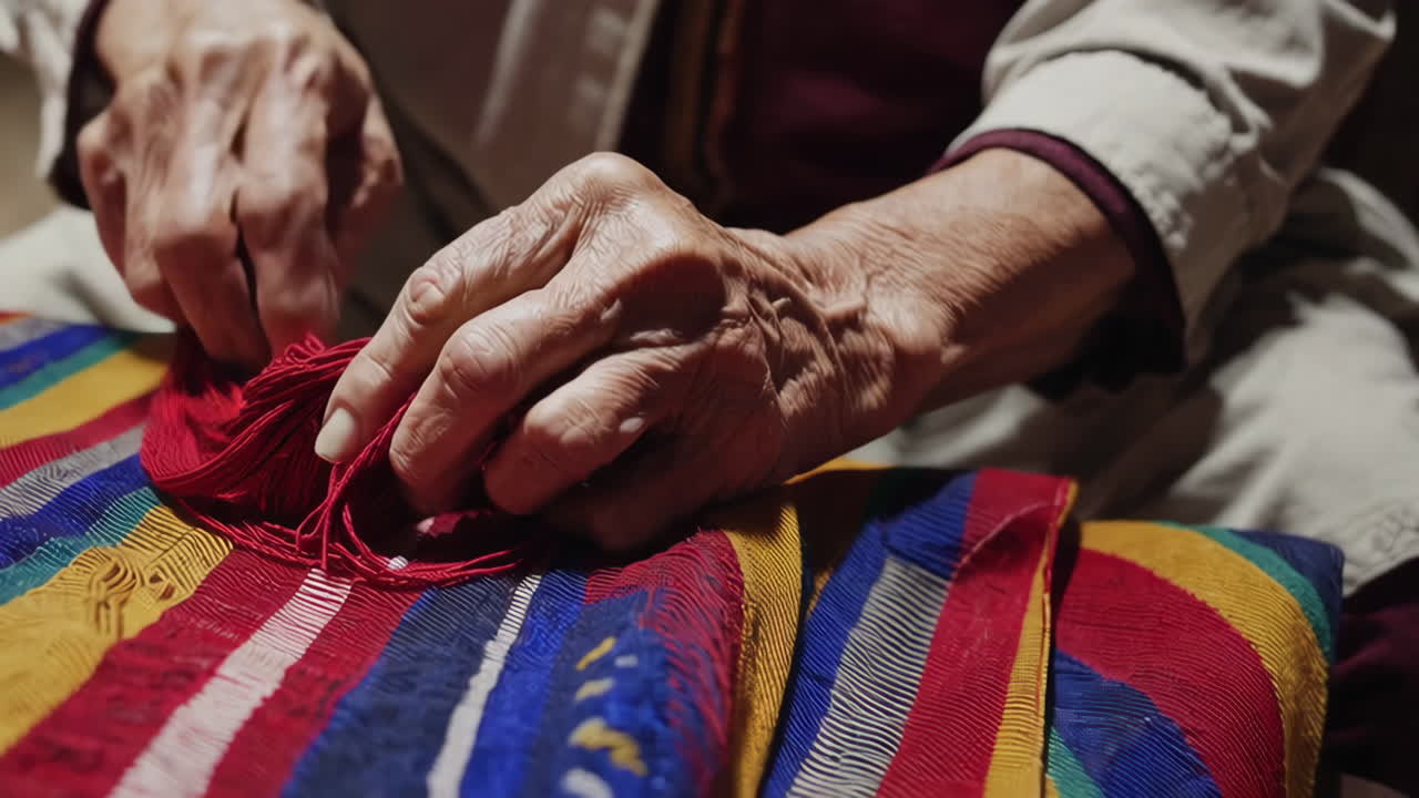 Elderly Woman Weaving Colorful Tapestry