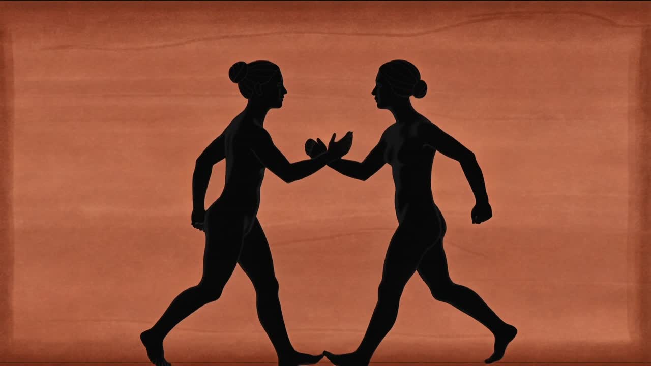 Notandosi a vicenda, due figure femminili corrono verso il centro su uno sfondo di pergamena, con le acconciature che si uniscono.