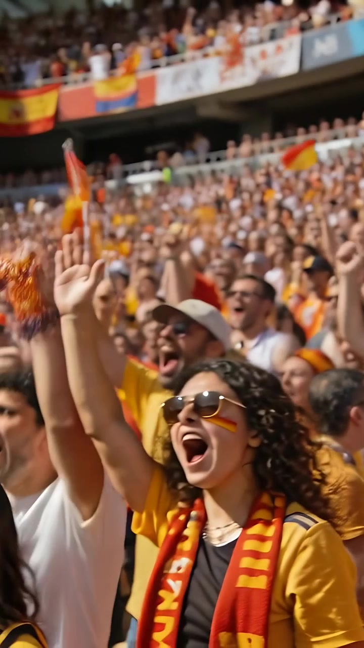 Video vertical: Aficionado masculino gritando con gafas de sol rojas y camiseta del equipo, reaccionando al partido en las gradas, agitando una bufanda