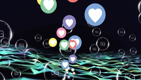 animation of falling 5g icons and falling hearts over wave