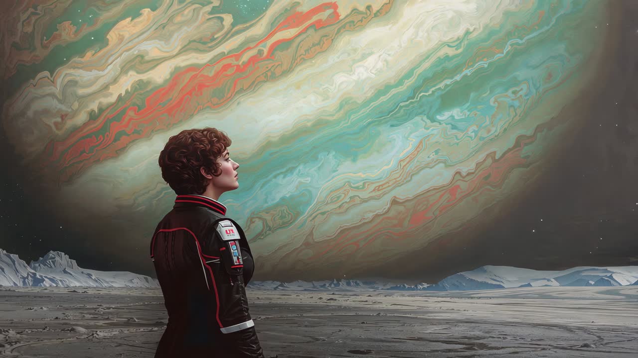 Standing flight-suited astronaut gazing at gas giant on icy plain, camera tightening, copy space