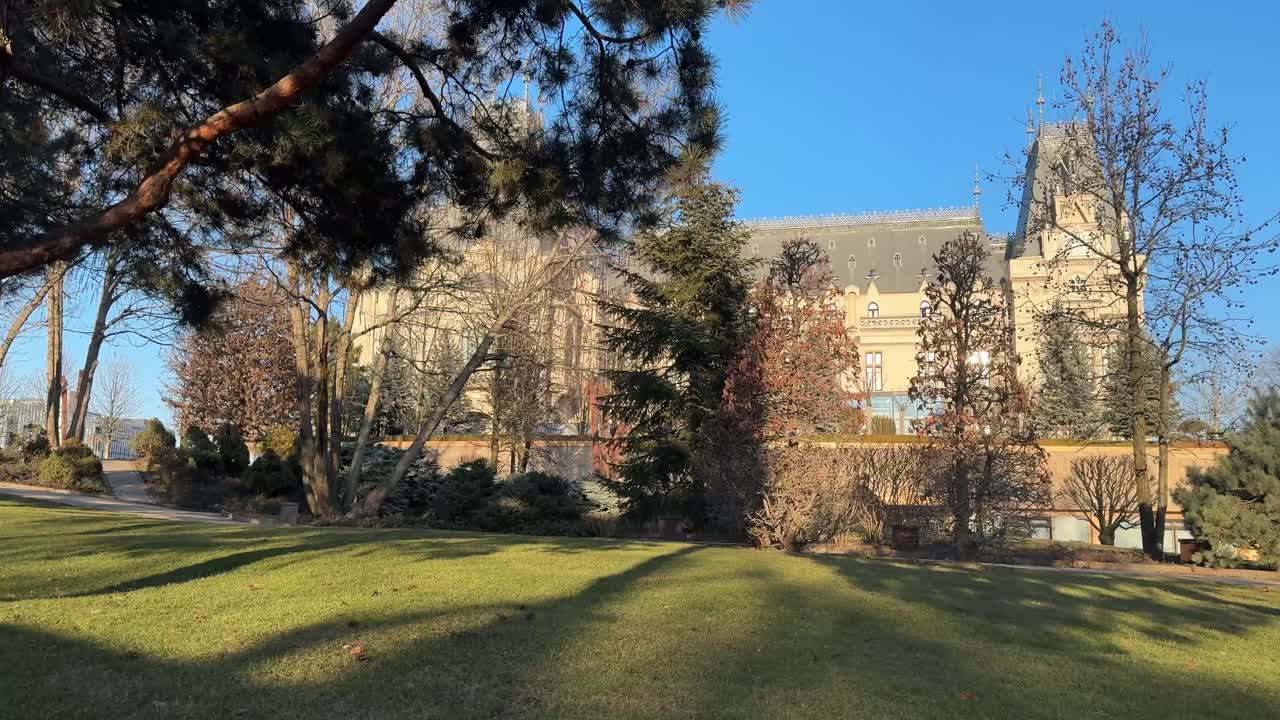 Urban garden near Palace of Culture during spring period.
