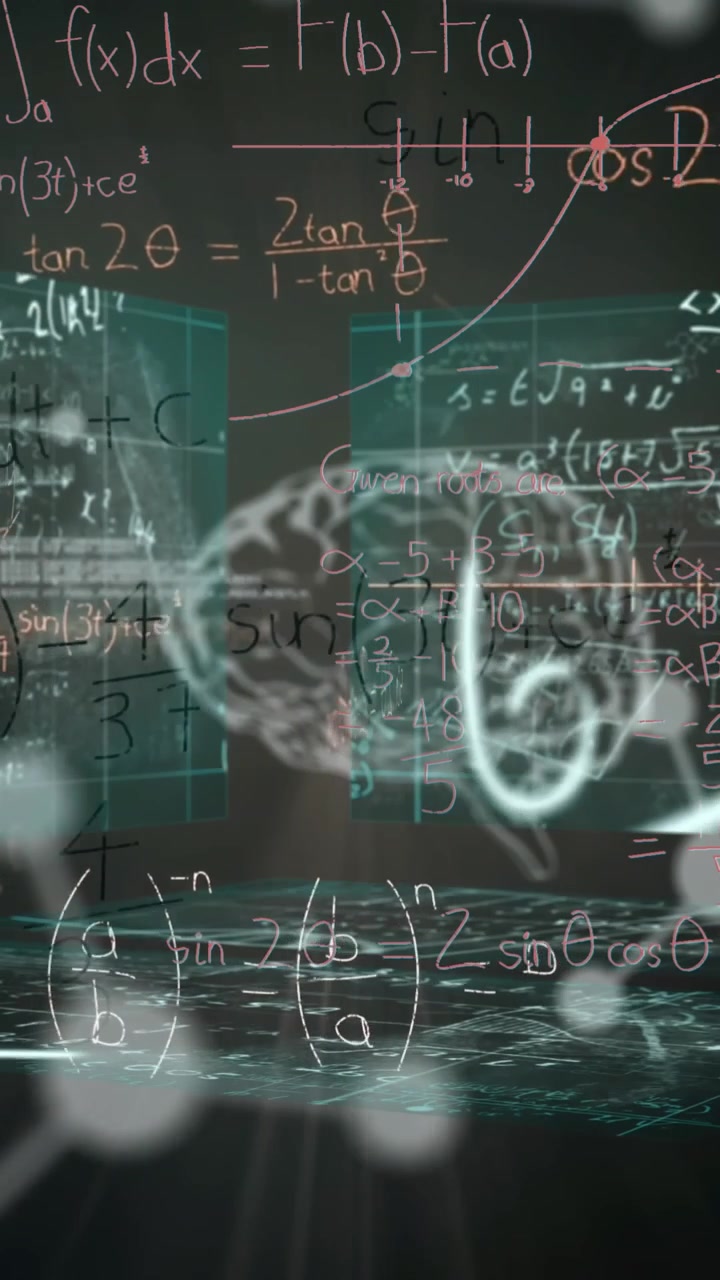Animation of mathematical equations over digital brain and data processing on black background