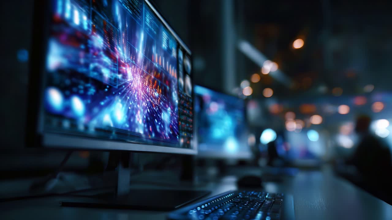Ambiente digitale dinamico con monitor high-tech che mostrano immagini di dati vivaci e motivi di colori brillanti in un'area di lavoro moderna