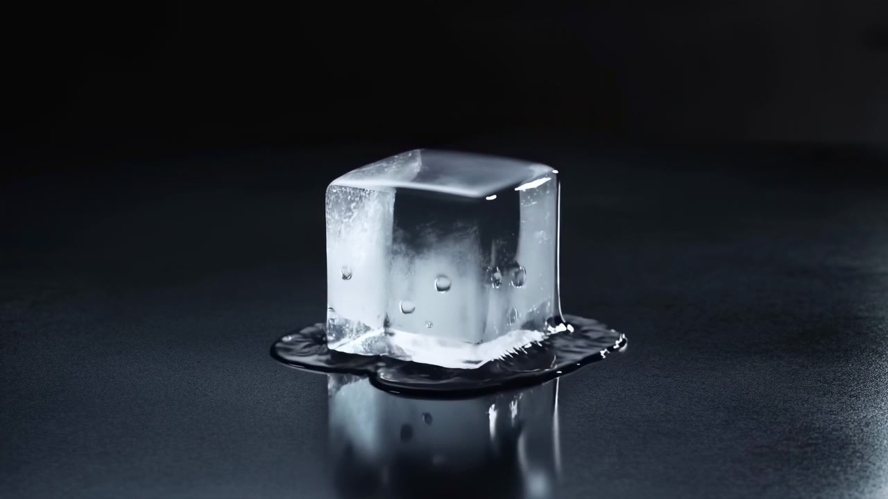Klarer Eiswürfel auf reflektierender Oberfläche, Nahaufnahme im Studio, die schmelzende Tropfen und Kondensation entlang der Ränder zeigt.