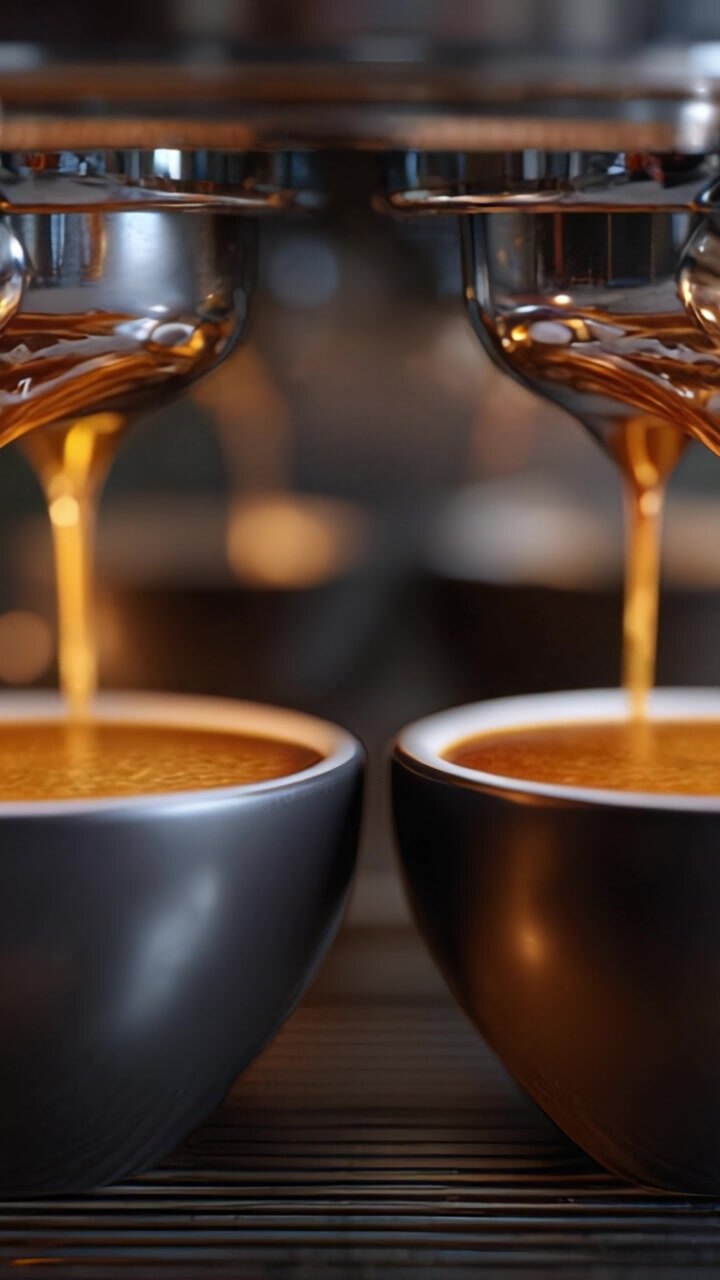 Caffè espresso appena fatto che scorre in due tazzine da una macchina da caffè espresso, evidenziando il ricco aroma e la consistenza del caffè in preparazione.