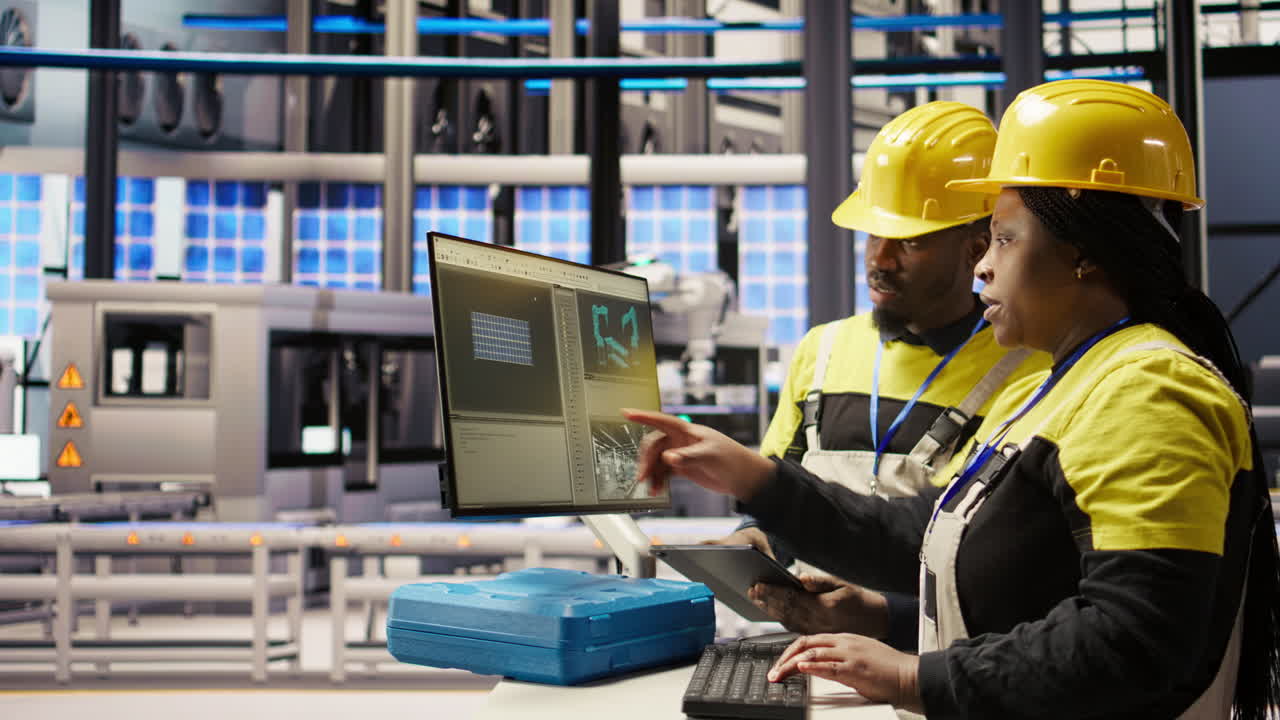 Vertical video Smart factory manager overseeing work done by engineer calibrating machinery