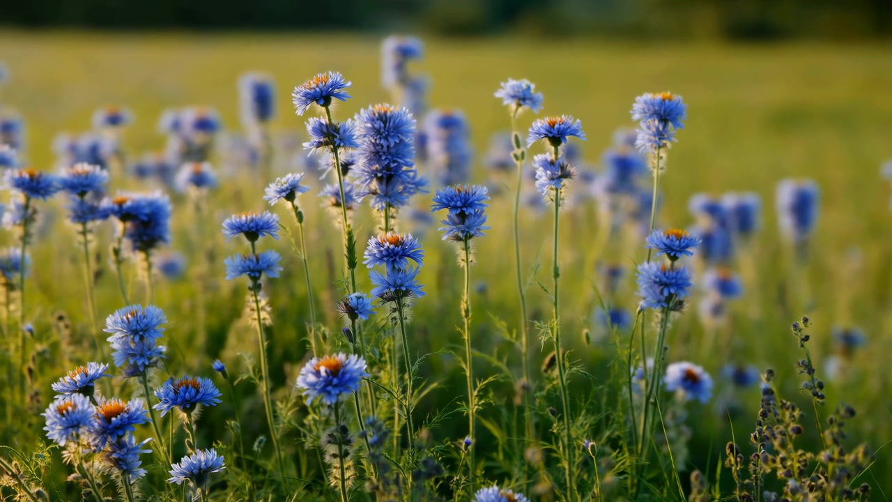 Blå kornblomster åbner sig forsigtigt på en levende solrig eng omgivet af frodigt grønt græs, hvilket skaber en fredfyldt og naturlig scene fanget i et vidvinkelbillede.