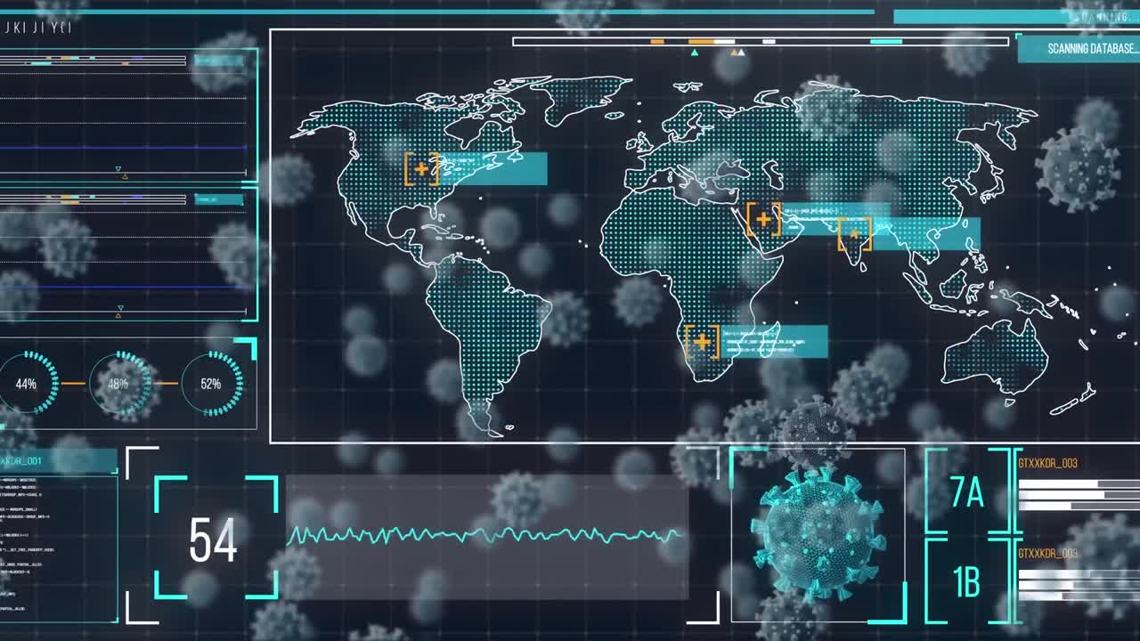 múltiples células de covid-19 a través de una interfaz digital con procesamiento de datos contra un fondo negro