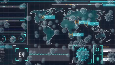 Multiple-covid-19-cells-over-digital-interface-with-data-processing-against-black-background
