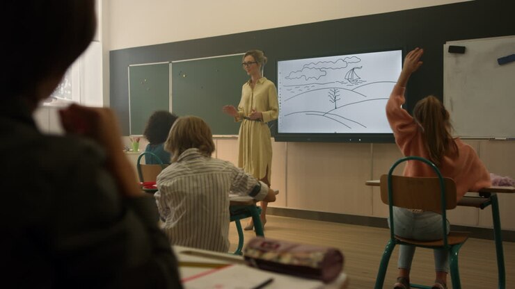 Lærer forklarer lektion for børn. Elever studerer i folkeskolen