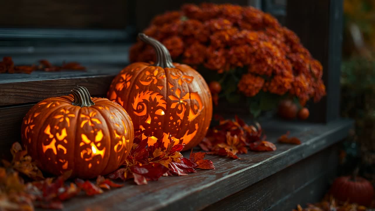 Flickering candles inside two carved pumpkins casting patterns on porch steps, creating warmth