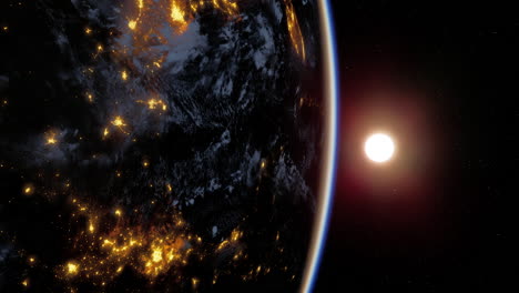 tierra desde el espacio con luces de la ciudad y puesta de sol