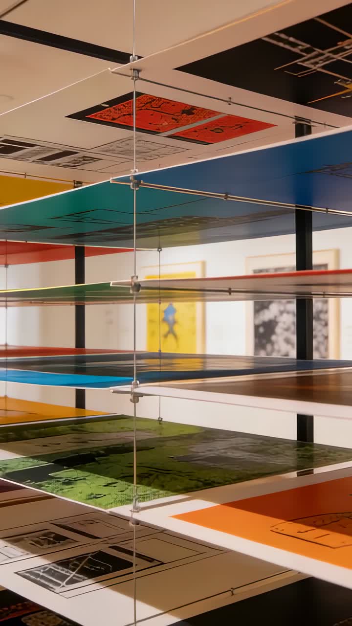 Video verticale: Telecamera in panoramica oltre pannelli stampati a strati in una galleria, rivelando distanziatori e opere d'arte a parete.