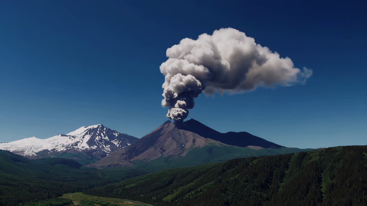 Volcanic Eruption with Ash Cloud over Mountains