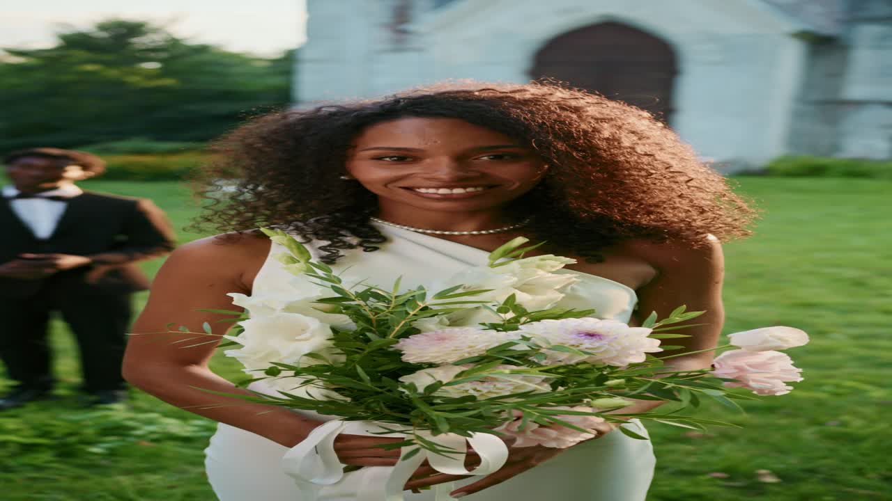 Bellissima sposa con bouquet durante una cerimonia nuziale all'aperto