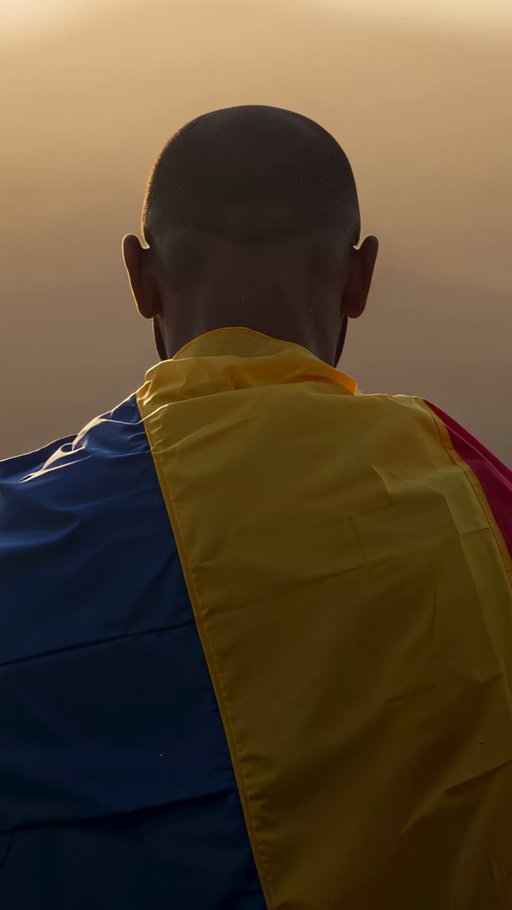 Vídeo vertical: homem gravando em pé e observando o horizonte ao nascer do sol, vestindo um tecido tricolor