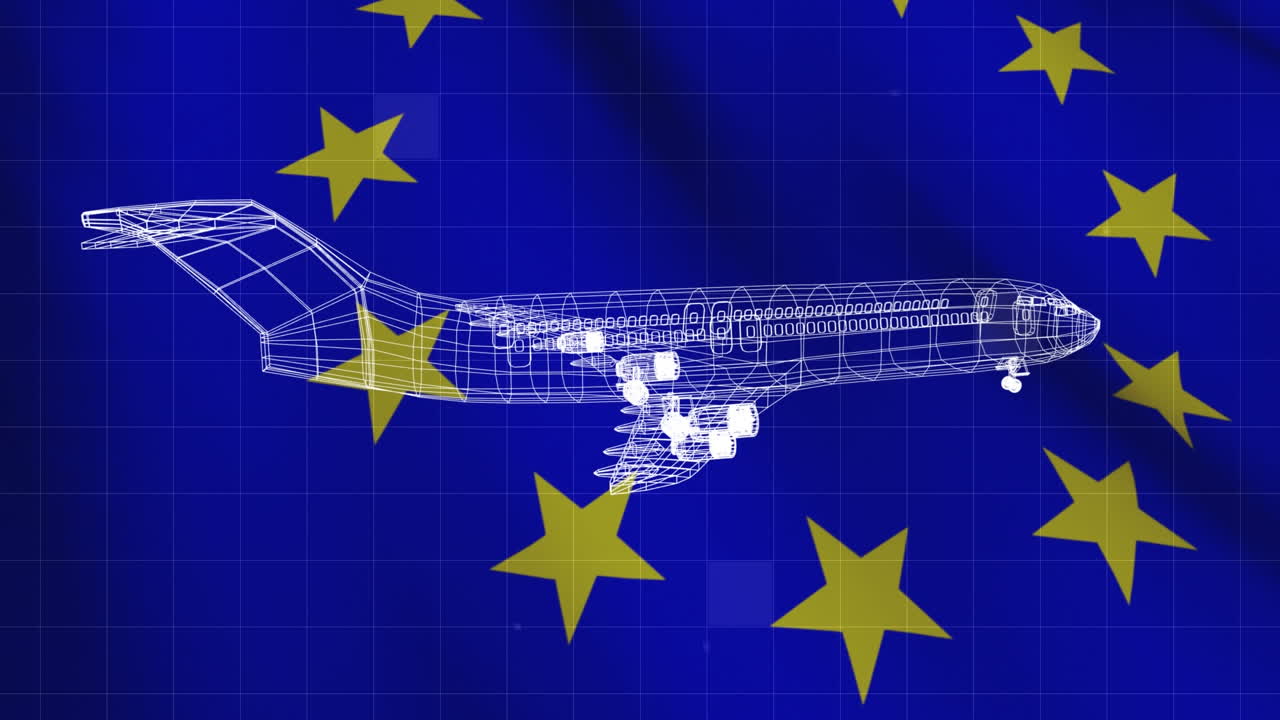 Modelo de avión giratorio con datos y sobre fondo azul