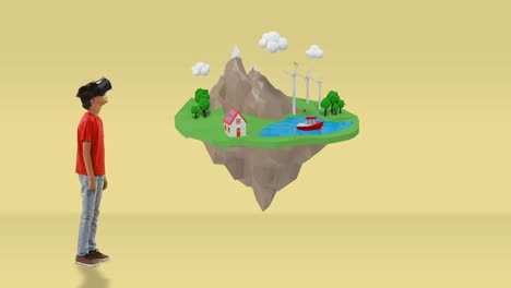 niño usando auriculares de realidad virtual con iconos de viaje generados digitalmente 4k