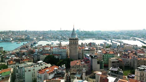 Cinematic-Establishing-Drone-Video-of-the-Galata-Tower-in-Beyoglu-District-In-Istanbul,-Turkey