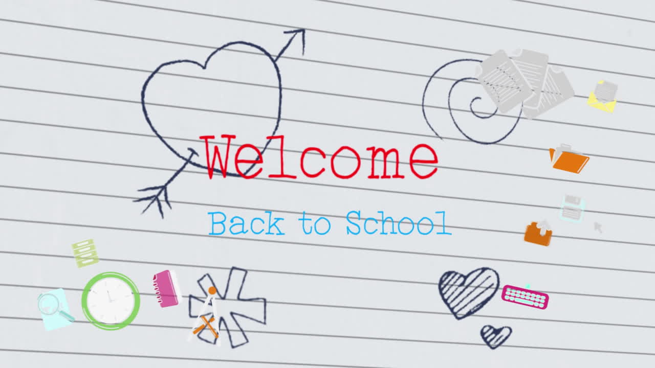 학교에 다시 오신 것을 환영합니다.  ⁇  줄로 된 종이에 그린 그림에 대한 텍스트