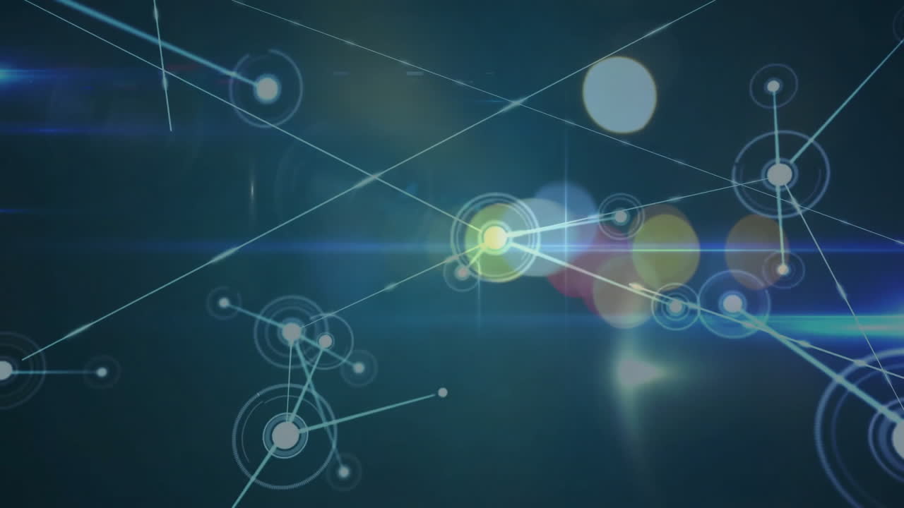 Network of connections and data processing animation over blurred lights background
