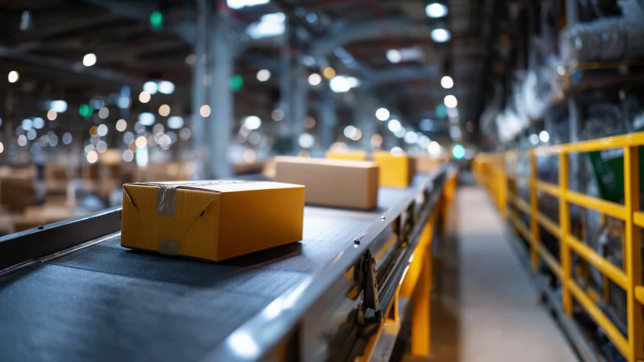 Packages on a conveyor belt in a distribution warehouse