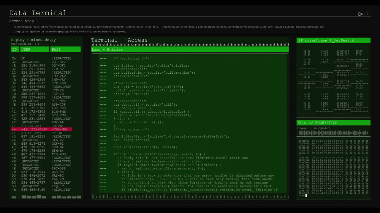 animación del procesamiento de datos en pantallas de computadora verdes y grises
