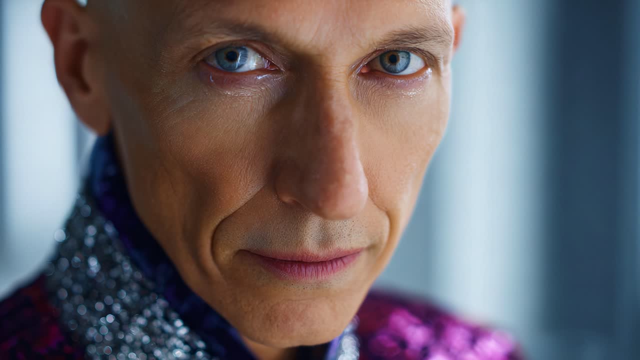 Intense Close-Up of a Man with Piercing Blue Eyes, Wearing a Shimmering Purple and Silver Outfit, Capturing a Moment of Deep Emotion and Intrigue