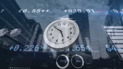 animation of clock moving fast and data processing over cityscape