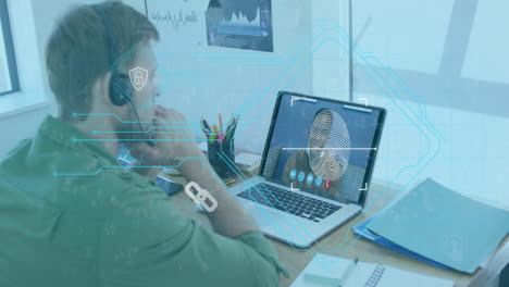 animation of biometric fingerprint and icons over caucasian man using phone headset and laptop