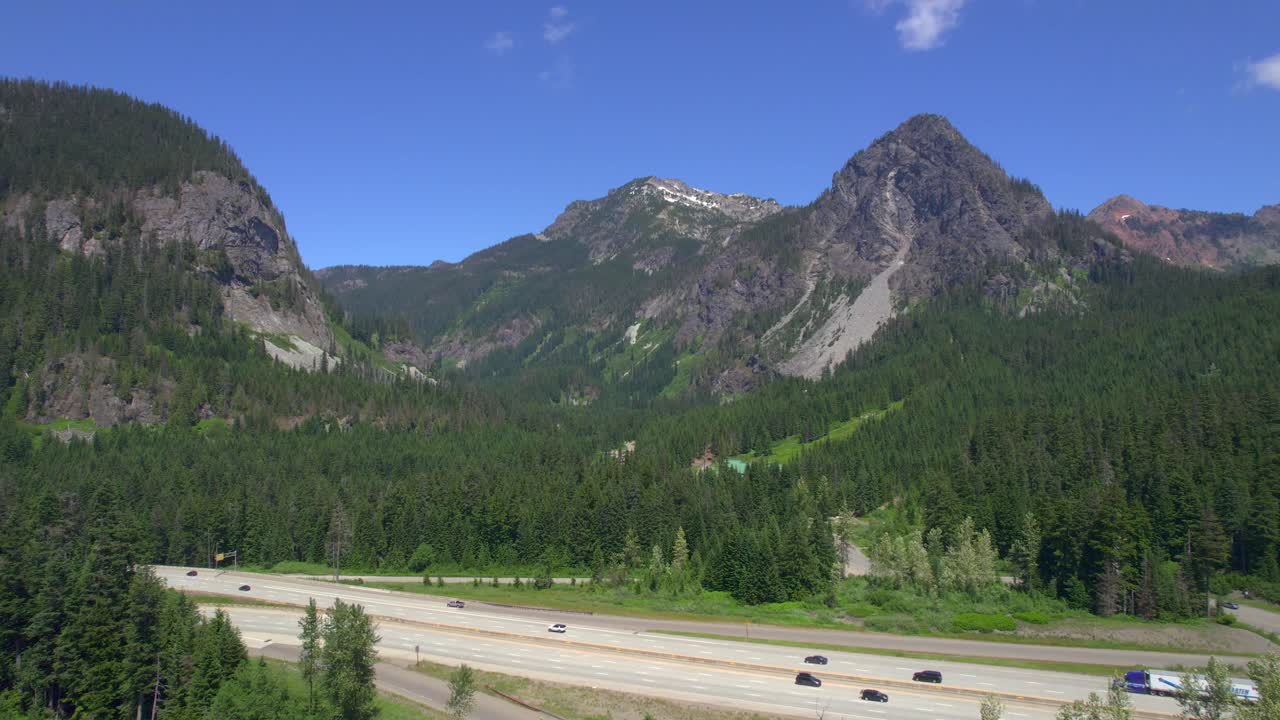 Aerial drone view of the mountains at Snoqualmie Pass in Central Washington