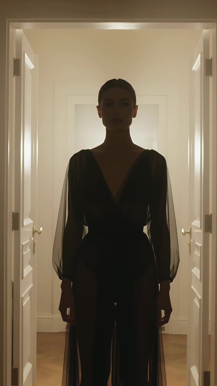Video verticale: Donna in avvicinamento che entra nella stanza, controluce che ne disegna la silhouette e mostra un abito trasparente.