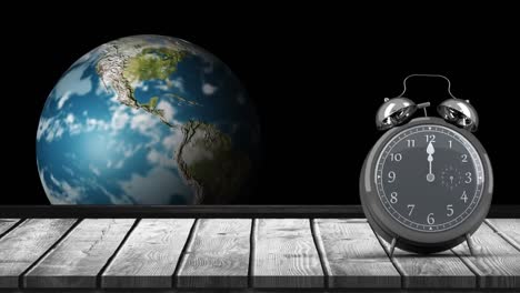 animation of vintage alarm clock and globe on black background