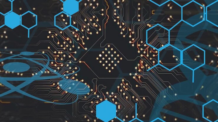 Animation of chemical formula over computer circuit board on black background