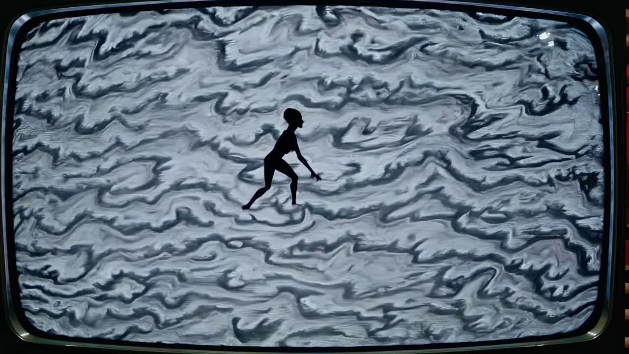 Silhouette of a person against a swirling abstract background on a TV screen, captured from a front