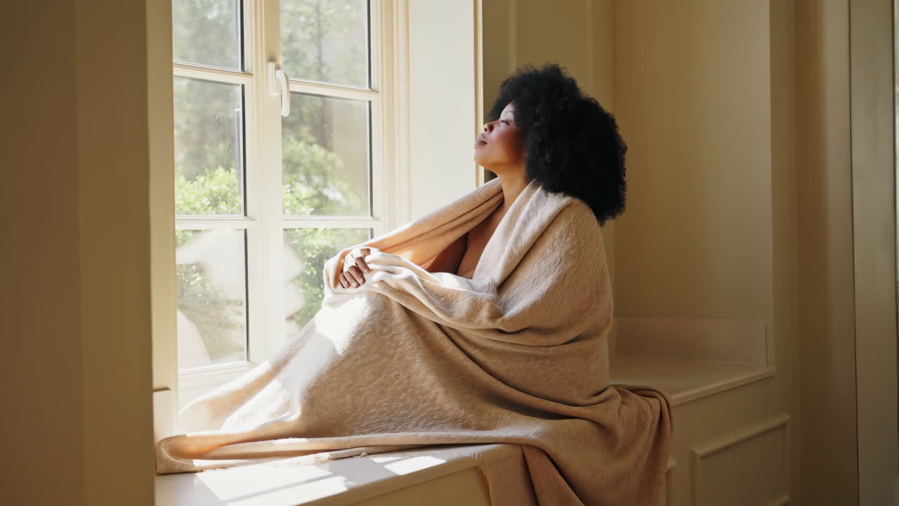 Woman enjoying a peaceful and serene moment by a sunlit window