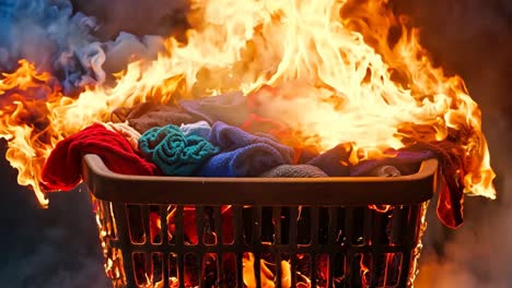 una canasta llena de ropa en llamas con humo saliendo de ella