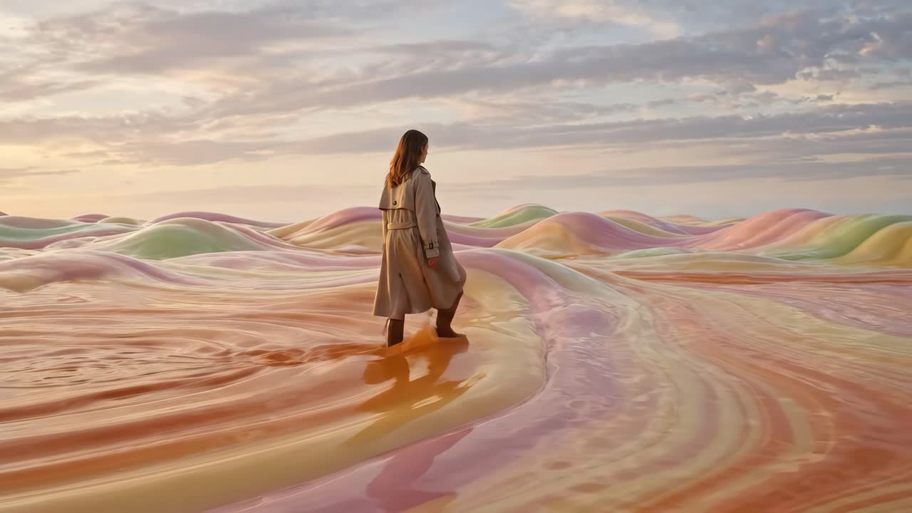 Donna che cammina attraverso un paesaggio surreale di liquido pastello che scorre.