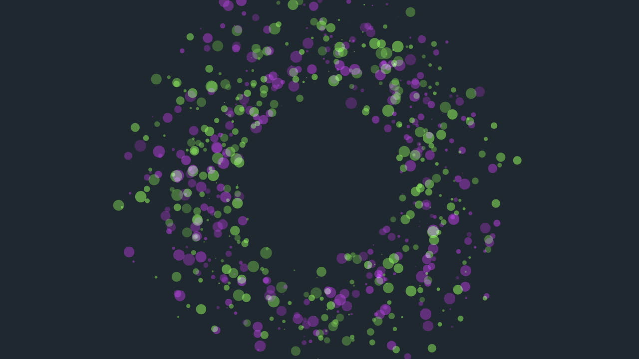 A symmetrical design featuring small purple and green dots forming a circular pattern on a black background, with some dots larger than others, all equidistant from the center