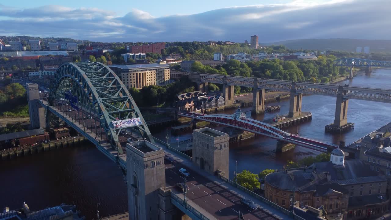 Stunning aerial view of Newcastle Quayside, Tyne Bridge, Swing Bridge and High Level Bridge