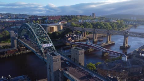 stunning aerial view of newcastle quayside, tyne bridge, swing bridge and high level bridge