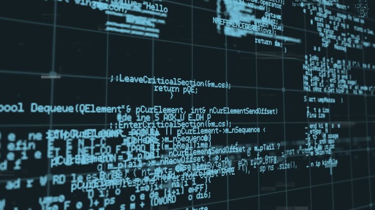 Animation of digital data processing over grid on black background