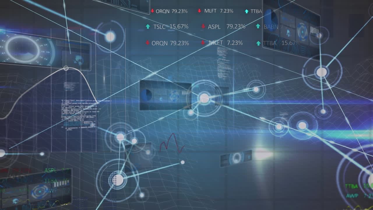 Animation of network of connections over human brain and data processing on screen