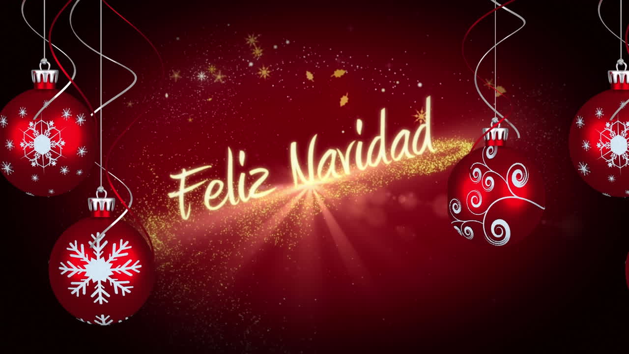 animación de felicitación de navidad y bolas sobre fondo rojo
